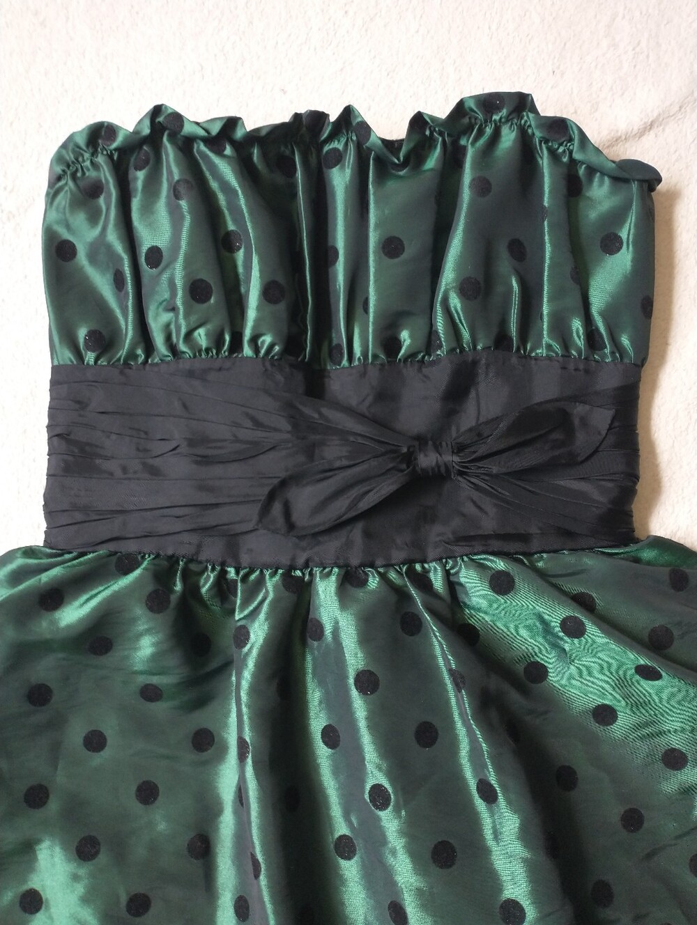 Vtg Betsey Johnson Evening Mini Dress Green Black Strapless Polka Dot Straples - Picture 2 of 12
